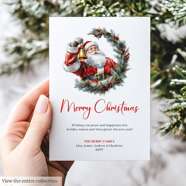 Modern Santa Claus Pine Wreath Christmas Greeting  Holiday Card (Modern Santa Claus Pine Wreath Christmas Greeting Card)