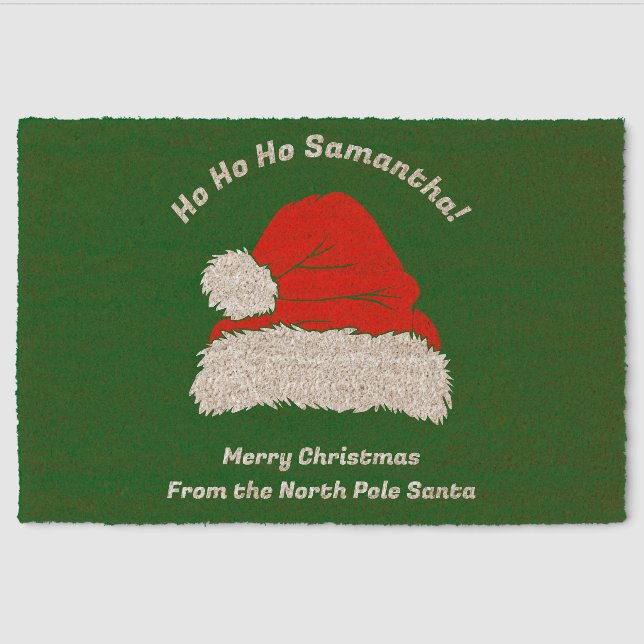 Modern Santa Green Red Christmas Fiber Doormat (Front)