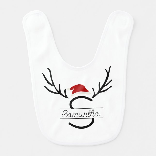 Modern Santa Monogram Antler Christmas Custom Name Baby Bib (Front)