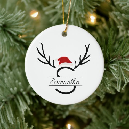 Modern Santa Monogram Antler Christmas Custom Name Ceramic Ornament