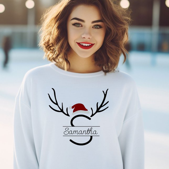 Modern Santa Monogram Antler Christmas Custom Name Sweatshirt (Creator Uploaded)