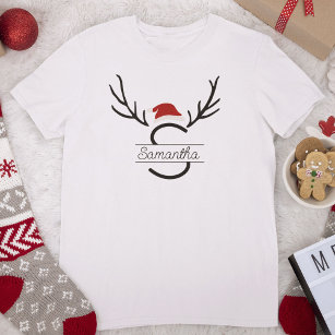 Modern Santa Monogram Antler Christmas Custom Name T-Shirt