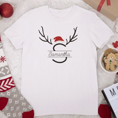 Modern Santa Monogram Antler Christmas Custom Name T_Shirt