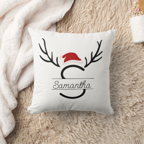 Modern Santa Monogram Antler Christmas Custom Name Throw Pillow