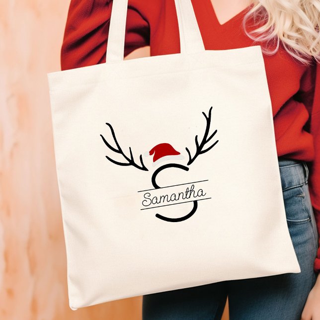 Modern Santa Monogram Antler Christmas Custom Name Tote Bag (Creator Uploaded)