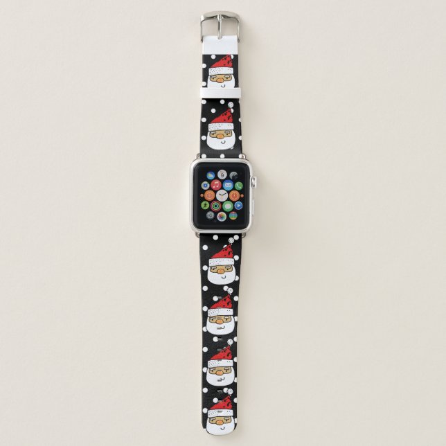 Modern Santa on Black Polka Dot Christmas Apple Watch Band (Front)