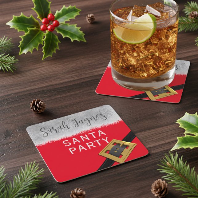 Modern Santa Party Christmas Holiday Paper Coaster (Just add your name and get your Santa Party started!)