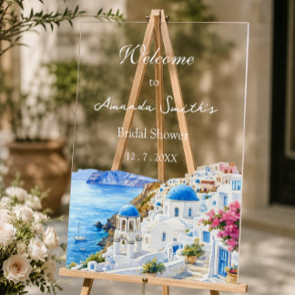Modern Santorini Greece Bridal Shower Welcome  Acrylic Sign