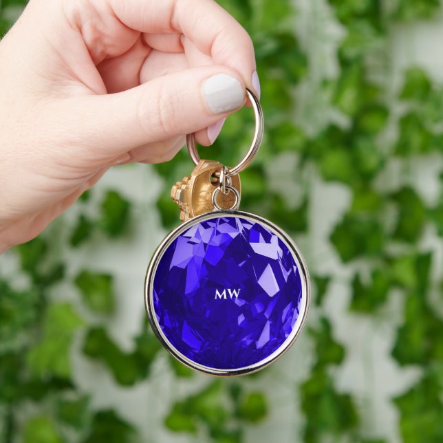 Modern Sapphire Blue September Birthstone Initials Keychain (Hand)