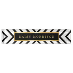 Modern Sassy Gold Black White Stripes Pattern Desk Name Plate