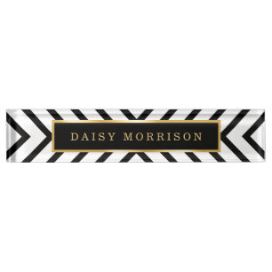 Modern Sassy Gold Black White Stripes Pattern Desk Name Plate