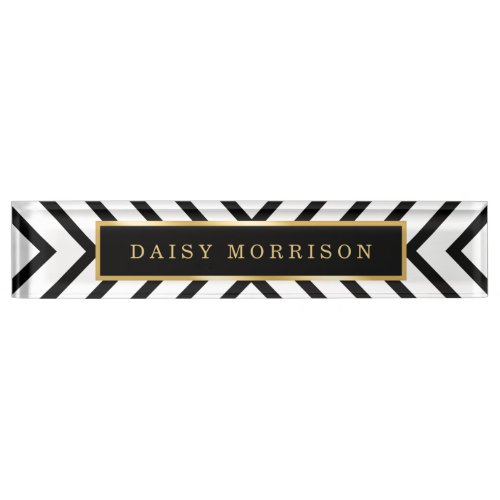 Modern Sassy Gold Black White Stripes Pattern Desk Name Plate