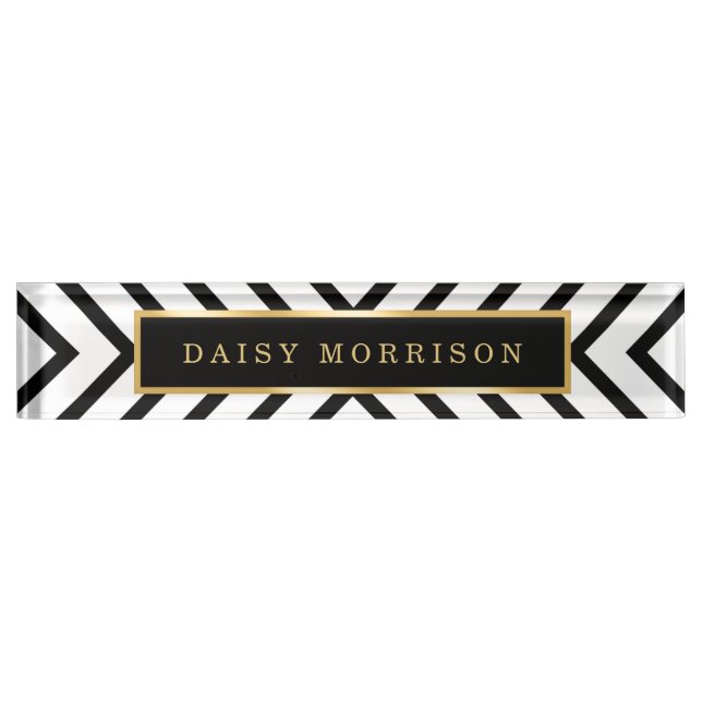 Modern Sassy Gold Black White Stripes Pattern Desk Name Plate (Front)