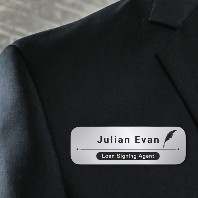 Modern satin faux Silver Notary Black Quill Icon Name Tag (Creator Uploaded)