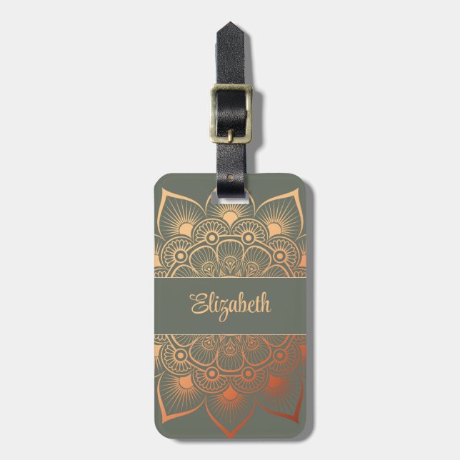 Modern Savage Green Peach Mandala Luggage Tag (Front Vertical)