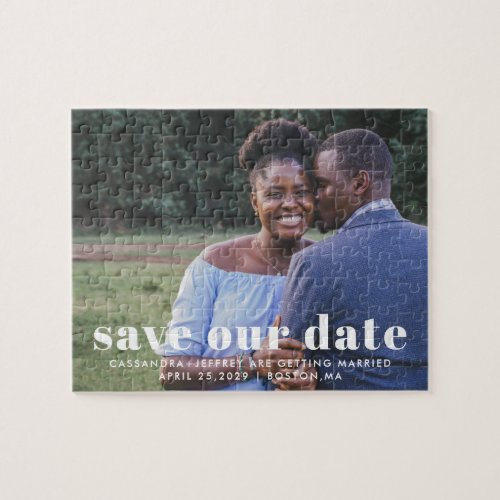 Modern Save Our Date Couple Photo Jigsaw Puzzle