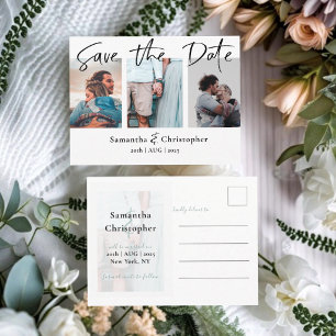 Modern Save the Date 3 Photo Wedding Announcement Postcard