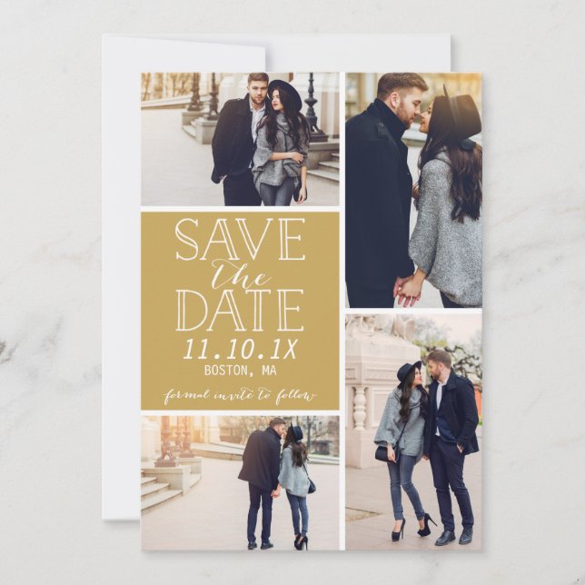 Modern Save The Date 4-Photo Collage Gold (Front)