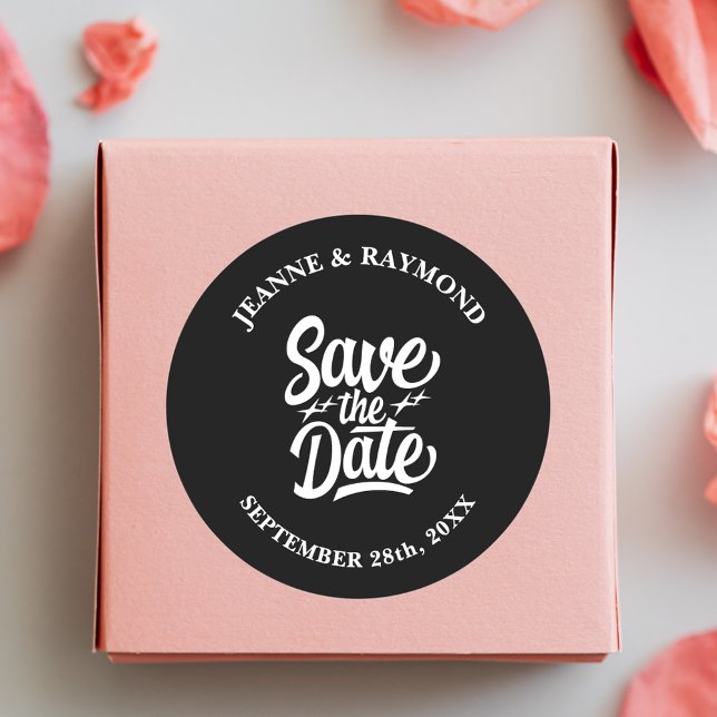 Modern Save The Date Black Wedding Announcement Classic Round Sticker (Modern black save the date sticker adds timeless elegance to wedding announcement mailings.)