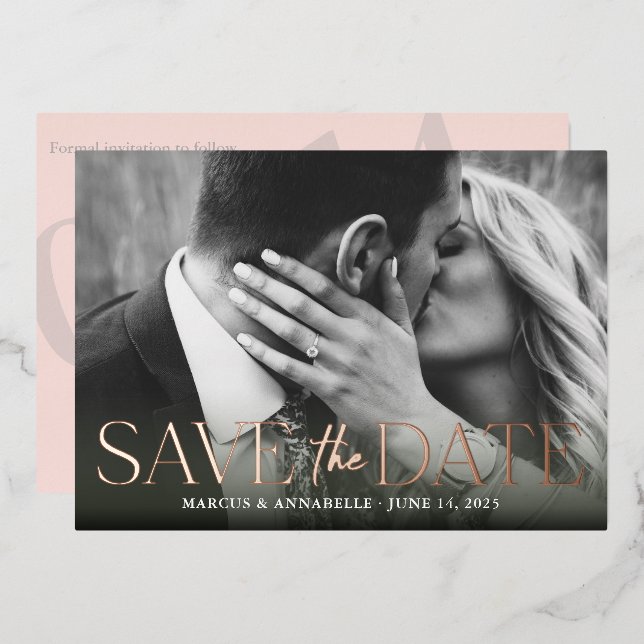 Modern Save The Date Blush / Rose Gold Foil Invitation (Front/Back)