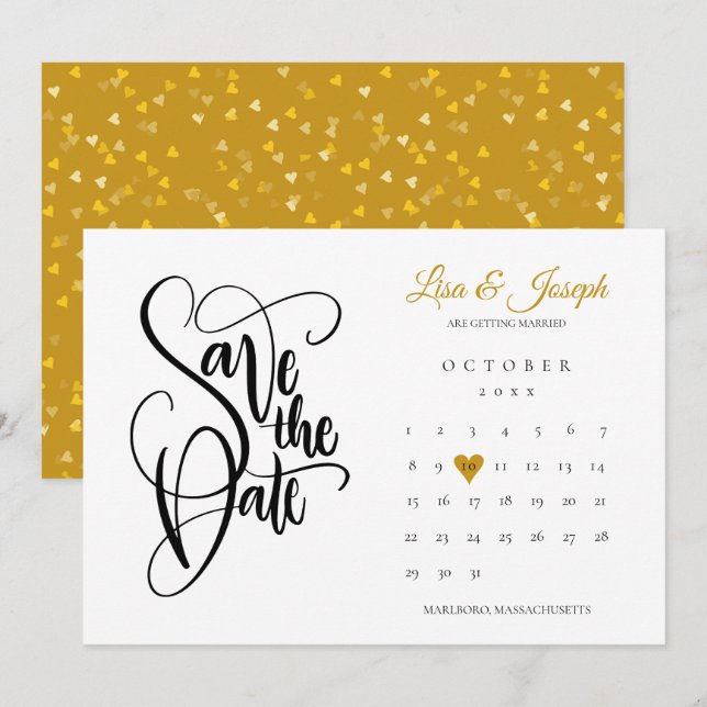 Modern Save the Date Calendar Gold Love Heart Invitation (Front/Back)