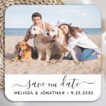 Modern Save The Date Couple Engagement Pet Photo  Square Paper Coaster<br><div class="desc">Add the finishing touch to your dog wedding save the dates with these custom photo, and personalized 'Save The Date' stickers. Customize with your favorite photo, names and date. These pet wedding dog save the date stickers are perfect for engagement party, save the date pet announcement, dog save the date...</div>