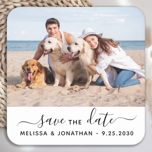 Modern Save The Date Couple Engagement Pet Photo  Square Paper Coaster