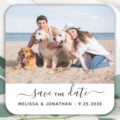 Modern Save The Date Couple Engagement Pet Photo  Square Sticker