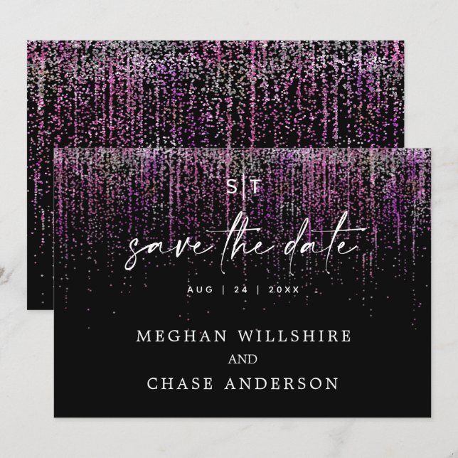 Modern Save the Date Edgy Magenta Glitter Invitation (Front/Back)