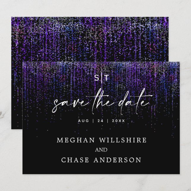 Modern Save the Date Edgy Purple Glitter Invitation (Front/Back)