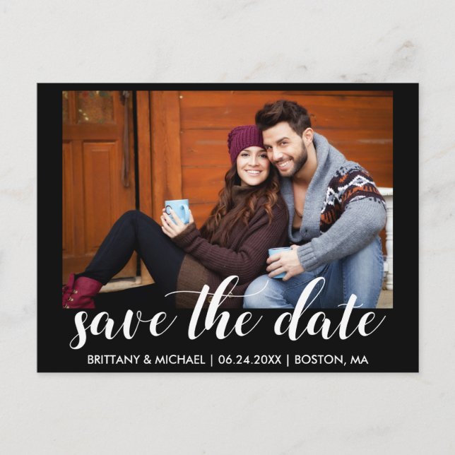 Modern Save The Date Engagement Photo Blk Postcard (Front)