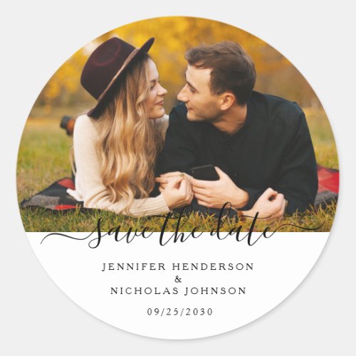 Modern Save The Date Engagement Photo Classic Round Sticker