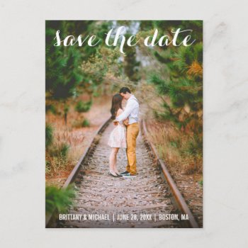 Modern Save The Date Engagement Photo Postcard L by HappyMemoriesPaperCo at Zazzle
