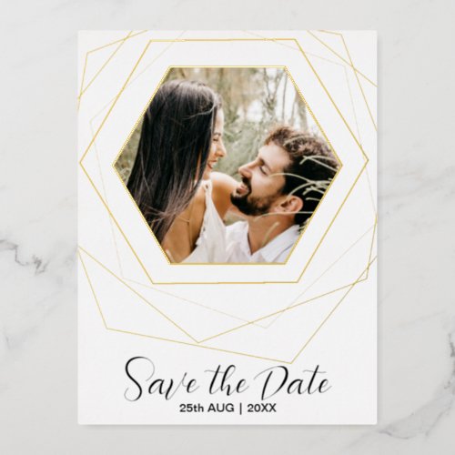 Modern Save the Date Gold Geometric Photo Foil Holiday Postcard
