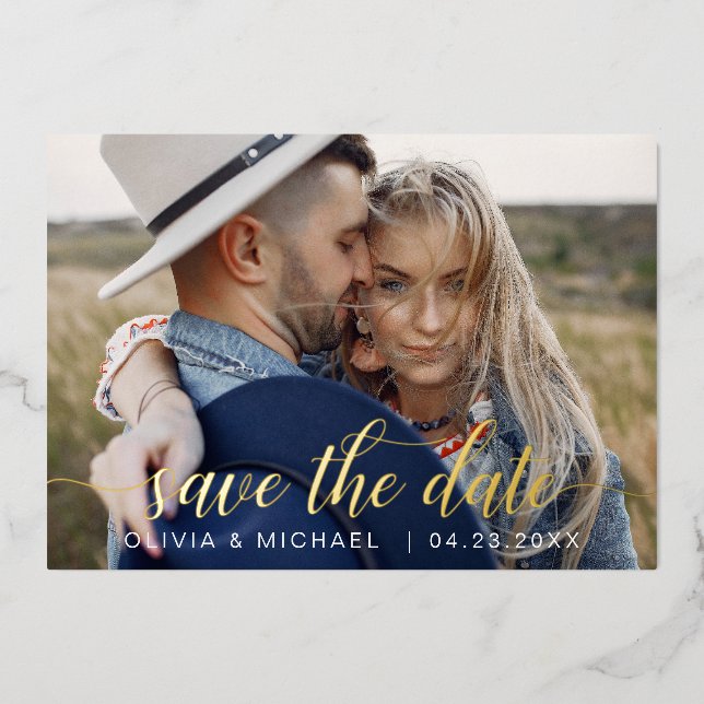 Modern Save the Date Gold Handwritten Foil Invitation (Front)