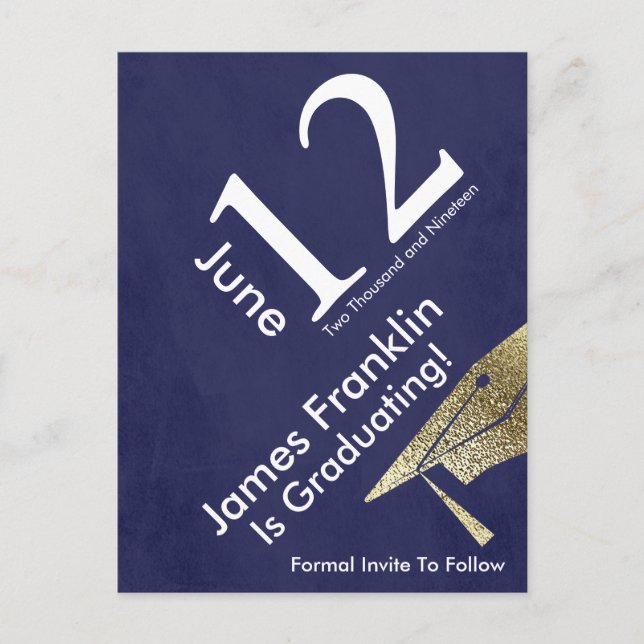 Modern Save The Date Graduation Gold White Blue Announcement Postcard (Front)