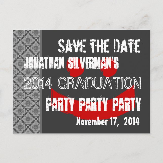 Modern Save the Date Graduation Party Red Black Announcement Postcard (Front)