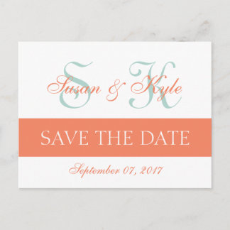 Modern Save the Date Mint Green Orange Monogram Announcement Postcard