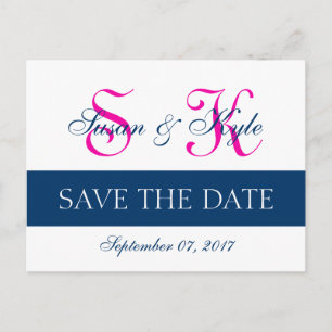 Modern Save the Date Navy Blue, Fuchsia (F400A1) Announcement Postcard