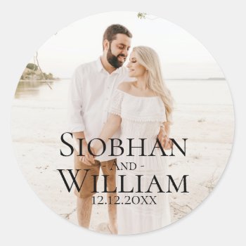 Modern Save The Date Personalized Photo Classic Round Sticker by Ricaso_Wedding at Zazzle