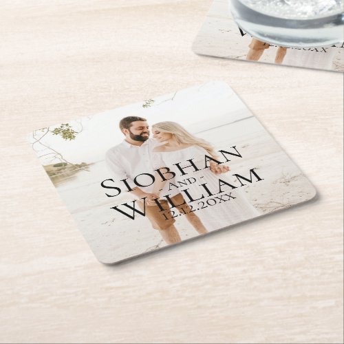 Modern Save The Date Personalized Photo Square Paper Coaster