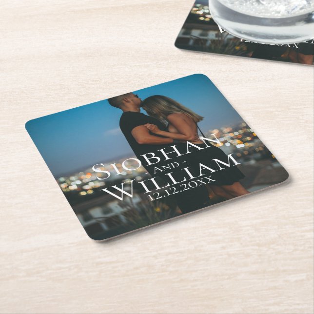 Modern Save The Date Personalized Photo Square Paper Coaster (Angled)