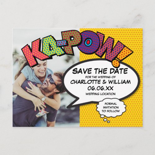 Modern Save the Date Photo Comic Book KAPOW Announcement Postcard