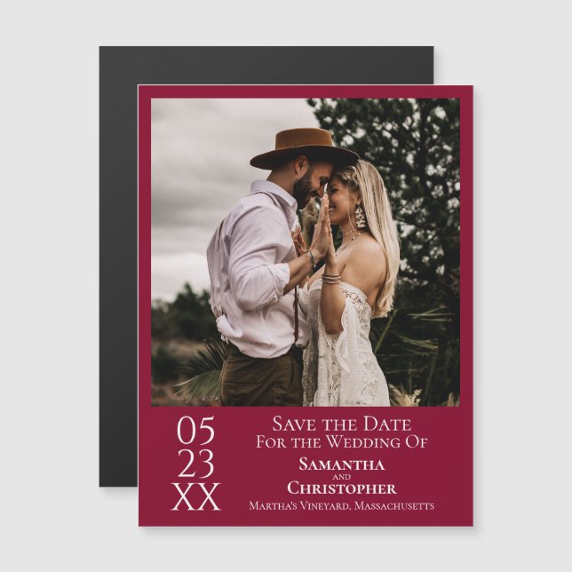 Modern Save the Date Photo Cranberry Red Magnet (Front/Back)