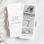 Modern Save the Date Photo Strip<br><div class="desc">This elegant white wedding save the date features a sophisticated design that incorporates a striking black and white photo strip, allowing couples to showcase three cherished images. Perfectly blending style and sentiment, this invitation serves as a beautiful save-the-date announcement, inviting guests to share in the joy of the upcoming celebration....</div>