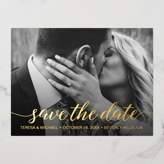 Modern Save the date Photo Wedding Gold Foil Invitation Postcard (Front)