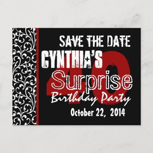 Modern Save the Date Surprise 40th Black Red v51 Announcement Postcard