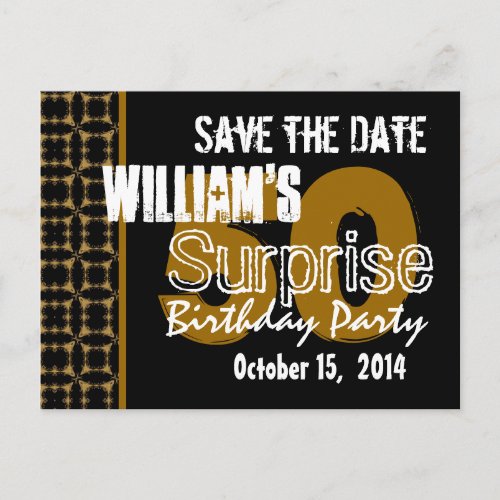 Modern Save the Date Surprise 50th Gold and Black Announcement Postcard