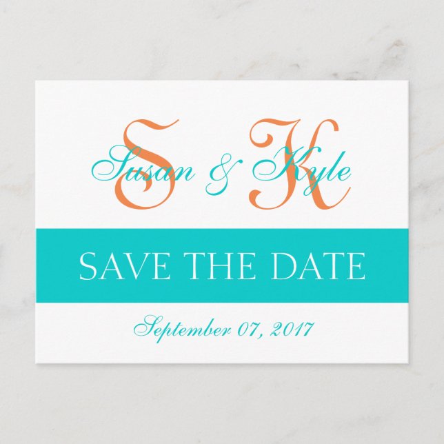 Modern Save the Date Teal Orange Double Monogram Announcement Postcard (Front)