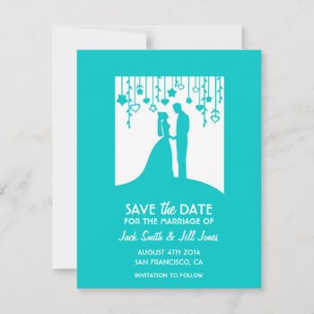 Modern Save The Date - Turquoise Bride & Groom by PeachyPrints at Zazzle